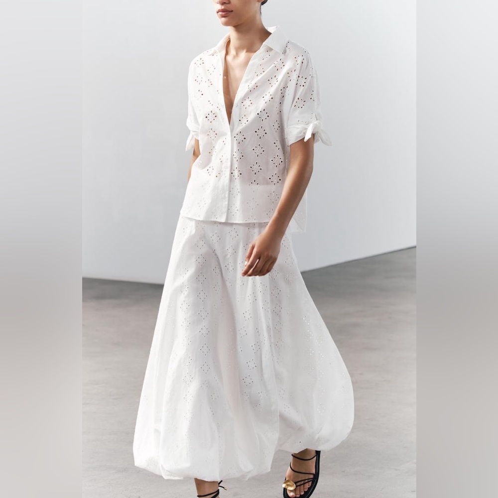 Zara embroidered 100% cotton white voluminous hem midi skirt sz.XS